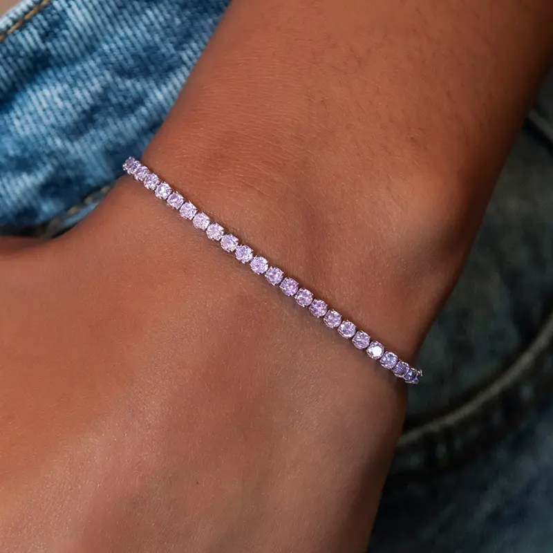 Pink Diamond Micro Tennis Bracelet In 14K White Gold 1