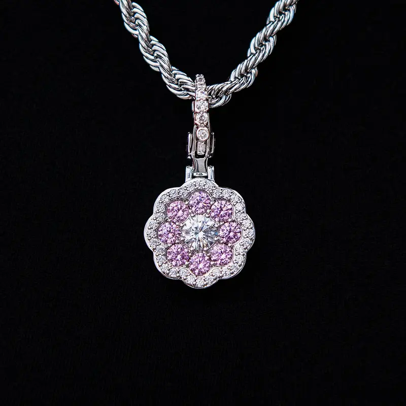 Pink Flower Stone Clip-On Pendant In White Gold 1