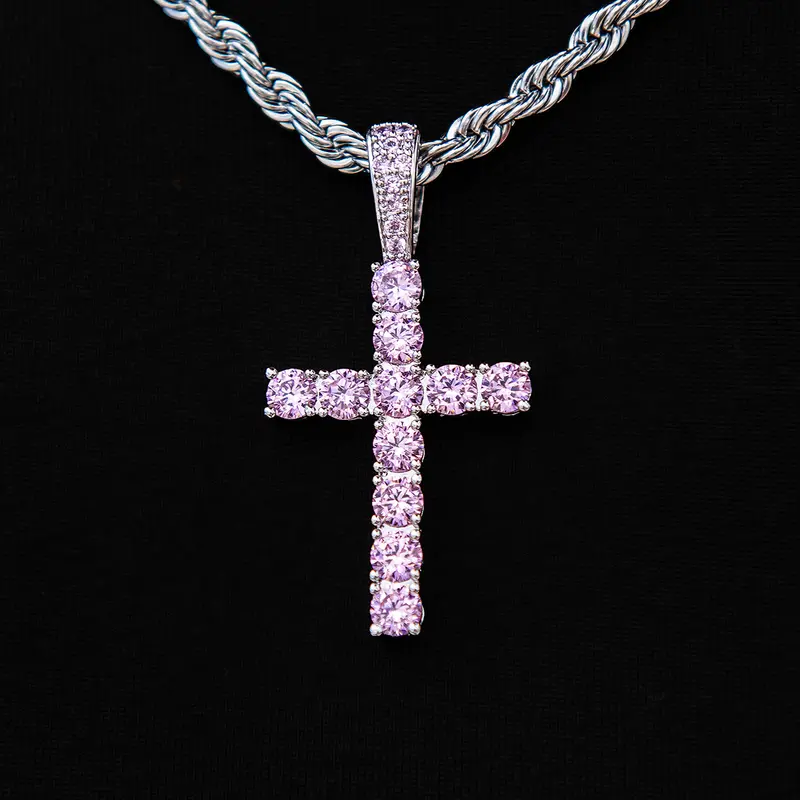 Pink Stone Diamond Cross Pendant In White Gold 1