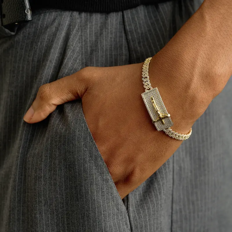 Polished Yellow Gold Iced Crucifix Bracelet 1