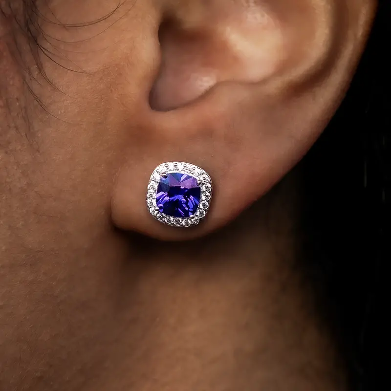 Purple Cushion Cut Gemstone Earrings – Elegant White Gold Design 1