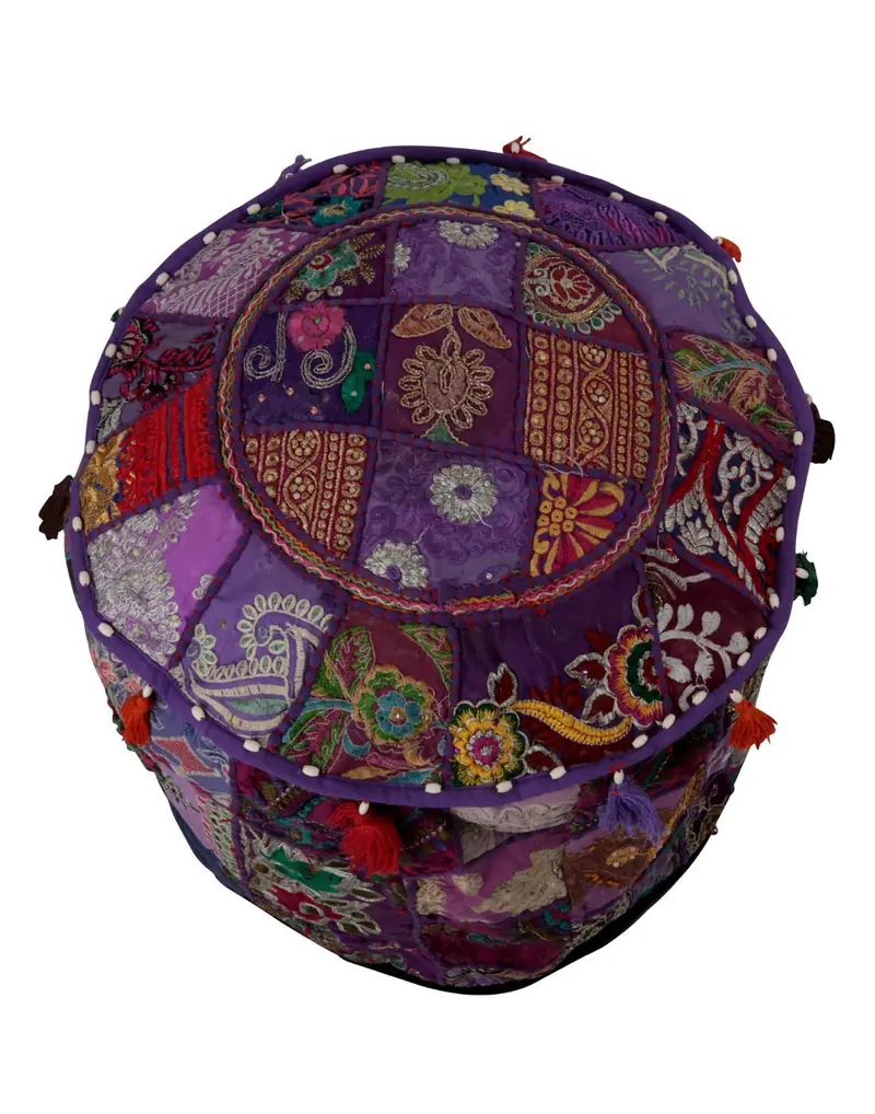 Rajrang Handmade Bohemian Ottoman Cover – Purple Cotton Patchwork Pouf Slipcover For Round Foot Stools 1