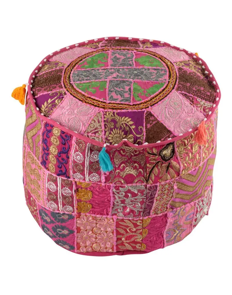 Rajrang Handmade Pink Cotton Pouf Cover – Embroidered Patchwork Ottoman For Living Room Décor 1