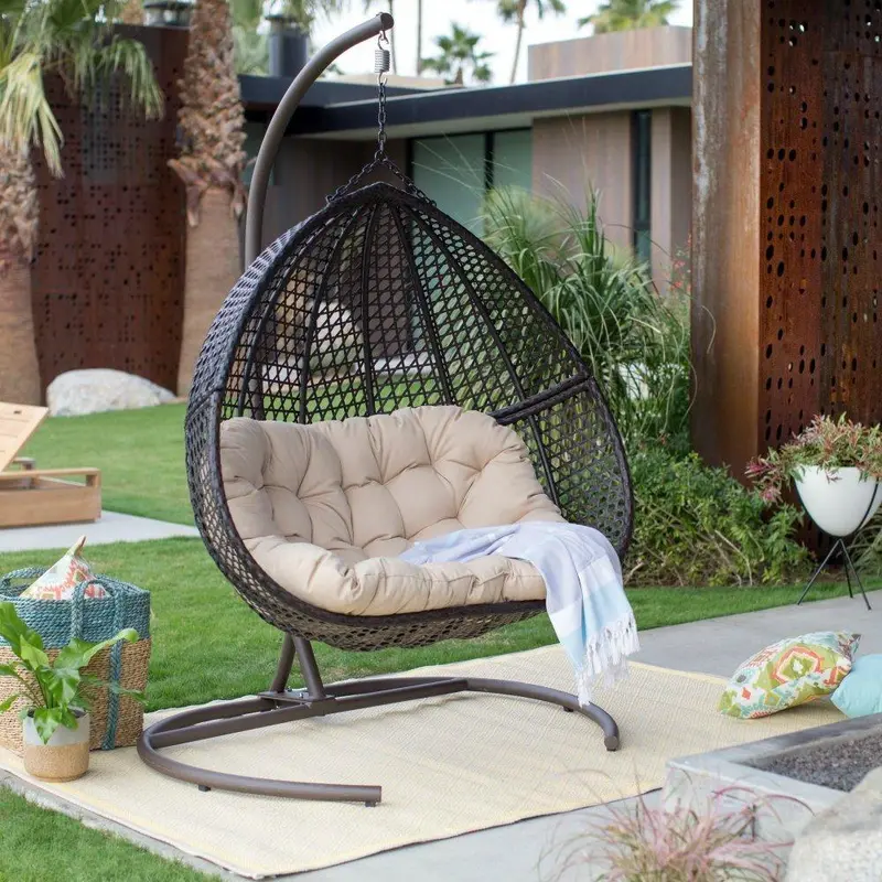 Resin Wicker Hanging Egg Swing Loveseat – Indoor/Outdoor With Cushion & Stand 1