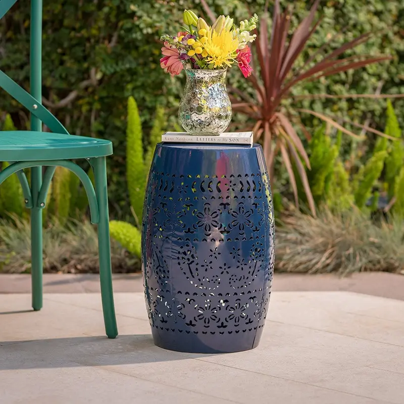 Riley Outdoor 12-Inch Dark Blue Iron Side Table – Compact Rustic Accent Table For Patios & Decks 1