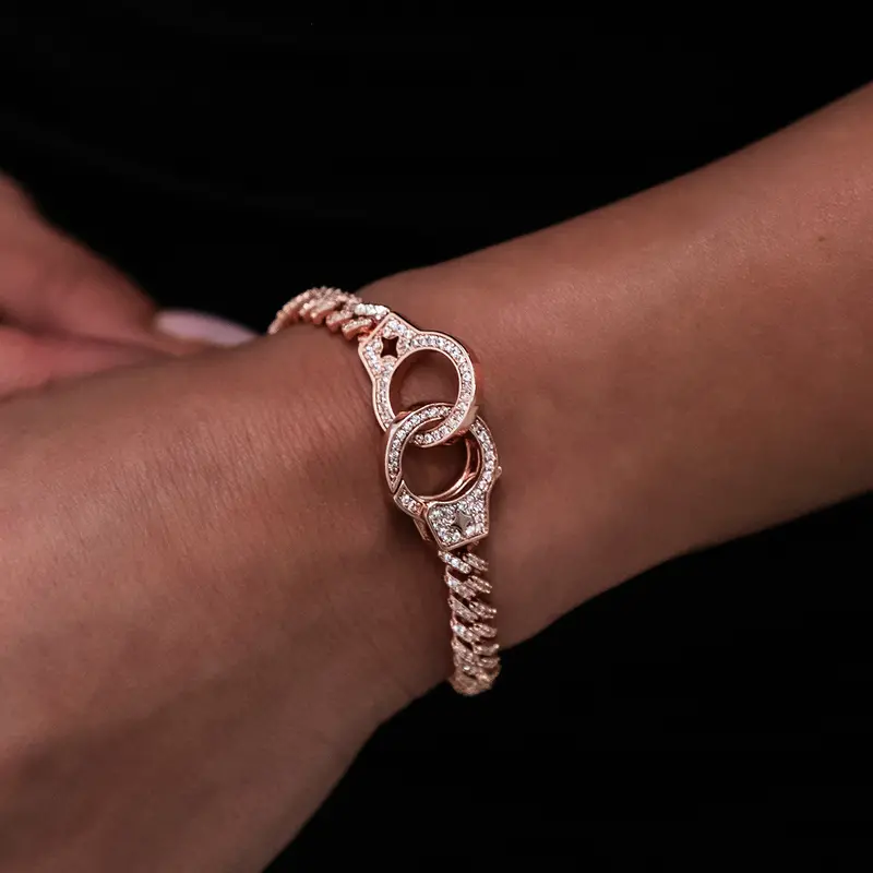 Rose Gold Handcuff Cuban Bracelet Featuring Full Diamond Accents 1