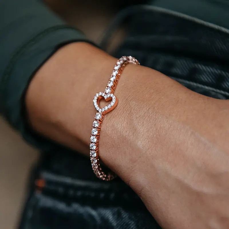 Rose Gold Heart Tennis Bracelet With Micro Diamonds 1