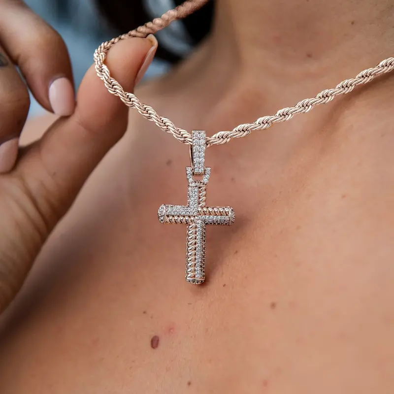 Rose Gold Iced Rope & Cross Mixed Pendant 1