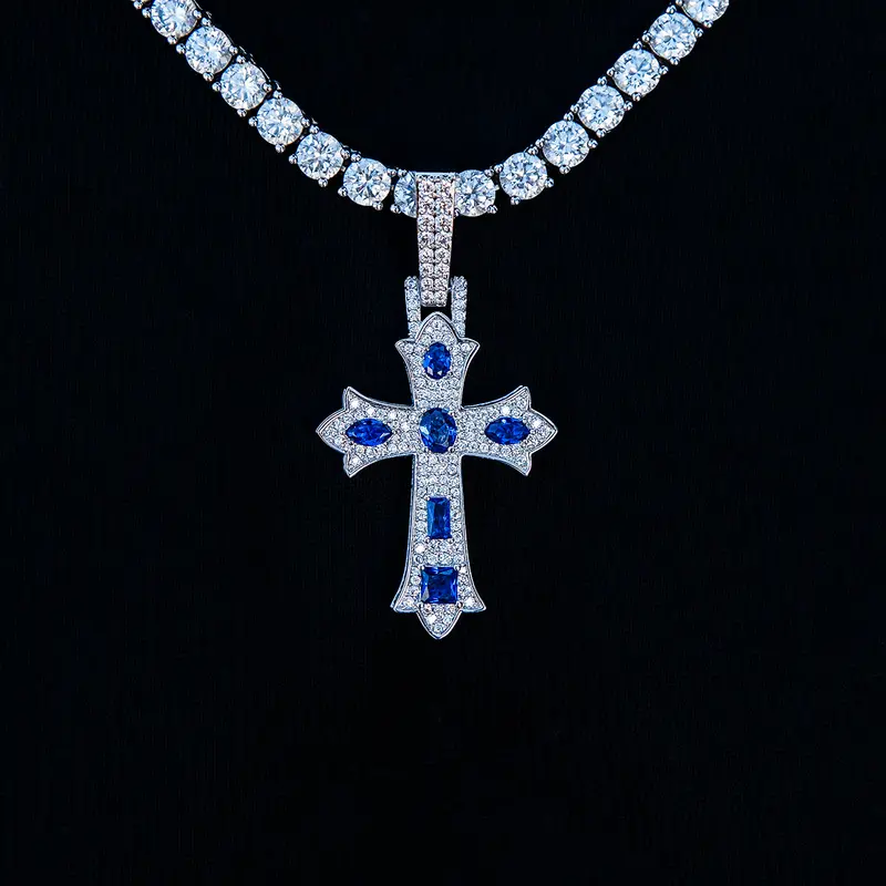 Sapphire-Inlaid Gothic Cross Necklace – White Gold Plated 1