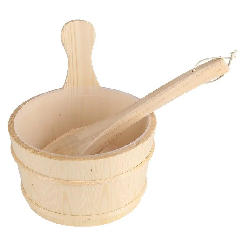Sauna Wooden Bucket And Ladle Set – 6L White Pine With Plastic Liner, Smooth-Finish Spa Accessory 1