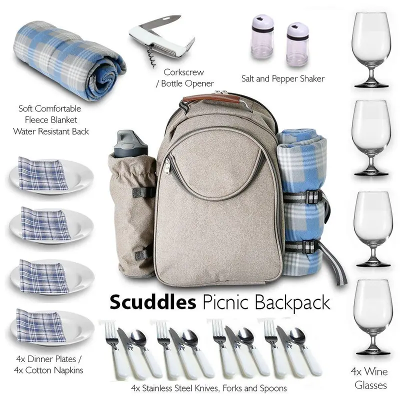 Scuddles Premium Picnic Backpack Set – Includes Wine Holder, Full Cutlery Set, Flatware, And 50" X 50" Insulated Blanket (Beige) 1