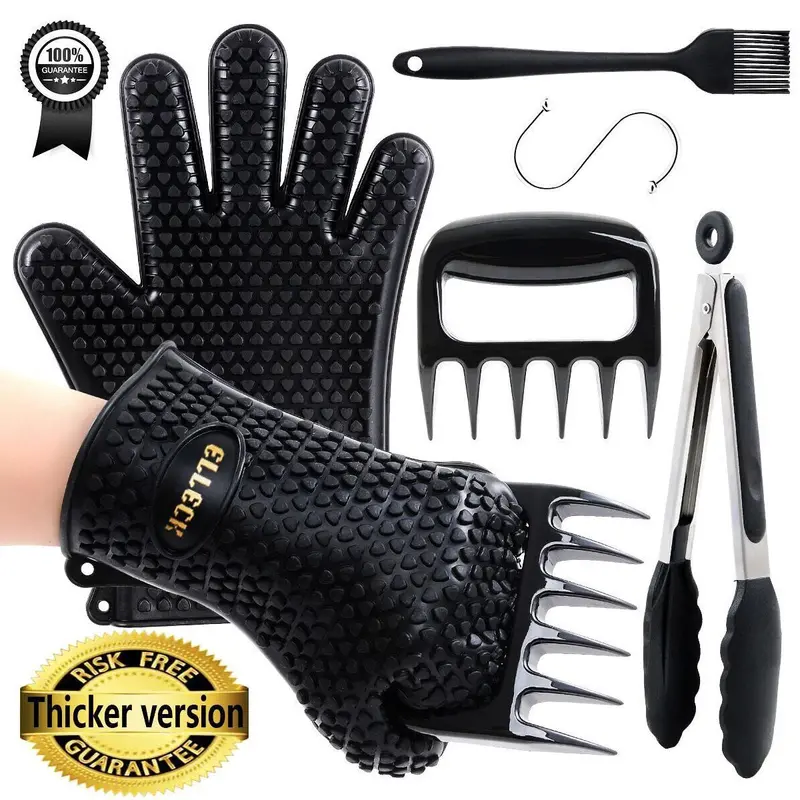 Silicone Heat-Resistant Kitchen Set: Bbq Gloves, Meat Claws, Tongs, And Basting Brush (Black) 1