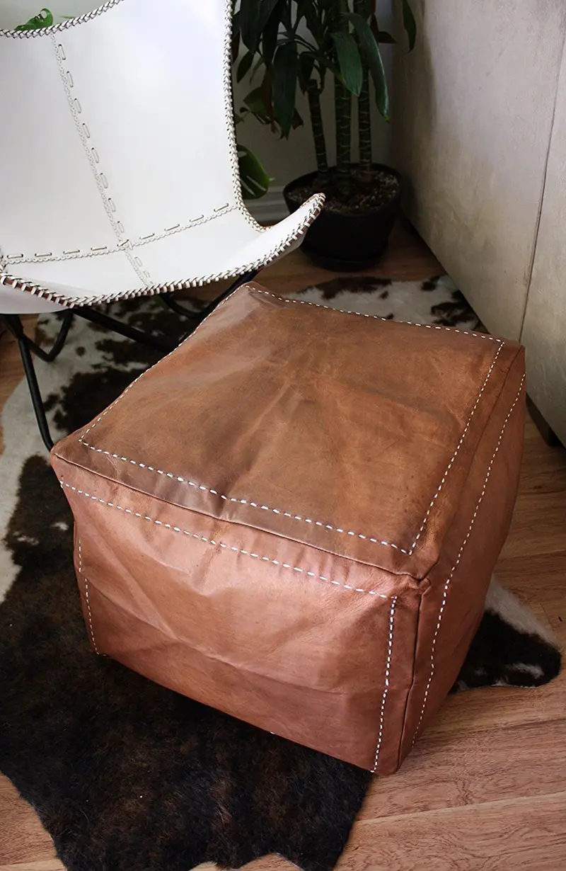 Six Canyons Moroccan Leather Pouf – Unstuffed Goatskin Ottoman In Cognac, Handmade In Morocco 1