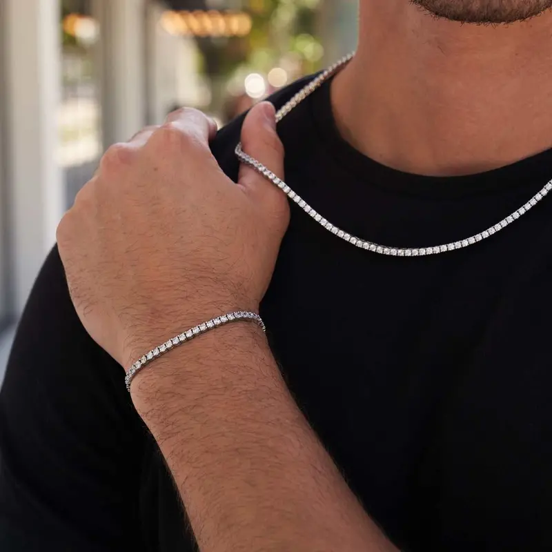 Slim 3Mm Diamond Tennis Necklace And Bracelet Set In White Gold 1