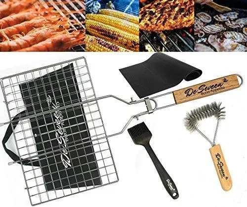 Stainless Steel Bbq Grilling Basket Set With Grill Mat, Brush, And Silicone Basting Tool 1