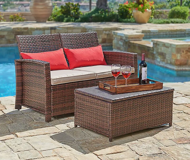 Suncrown Wicker Loveseat & Coffee Table Set – 2-Piece All-Weather Patio Furniture With Built-In Storage & Cushions 1