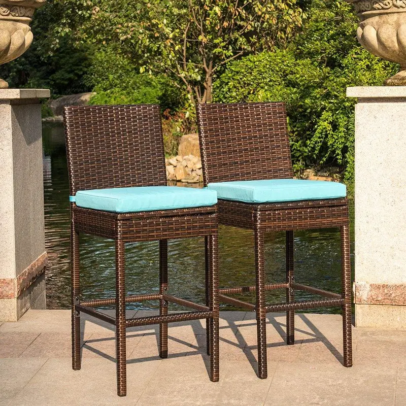 Sundale Outdoor 2-Piece Wicker Barstool Set – All-Weather Brown Furniture With Blue Cushions 1