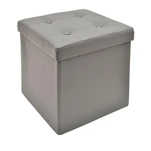 The Fhe Group Tufted Grey Faux Leather Folding Ottoman – 15" Cube Storage Seat 1