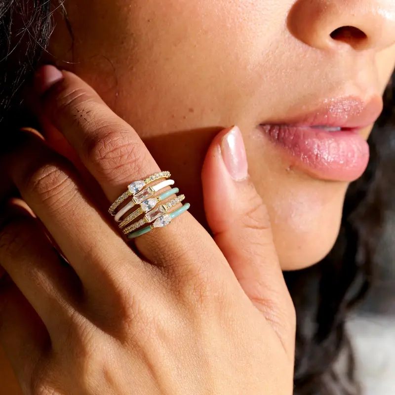 Thin Green Iced Rock Enamel Ring In Yellow Gold Vermeil – 2Mm Band 1