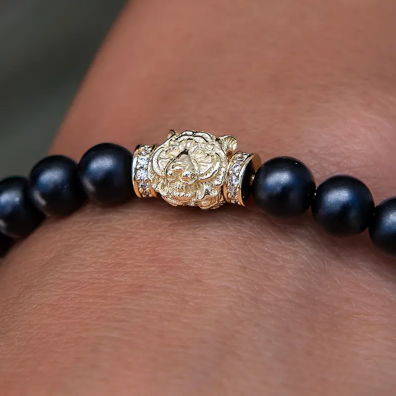 Tiger Motif Beaded Bracelet In 14K Yellow Gold 1