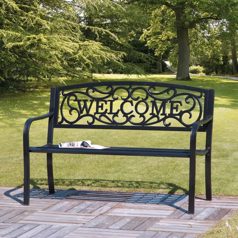 Transcontinental Cast Iron Garden Bench – Black Welcome-Embossed Outdoor Seating 1