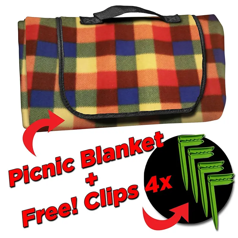 Waterproof Picnic Blanket – 50 X 58 Inch Orange-Red Pattern With Carry Handle And Pegs 1