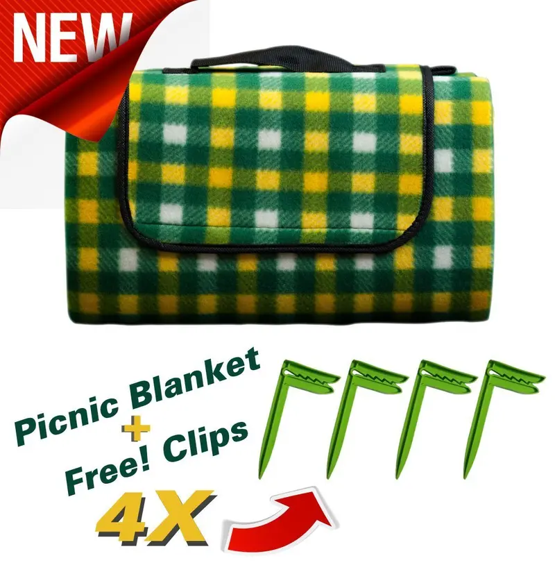 Waterproof Picnic Blanket – 50 X 58 Inch Outdoor Mat With Free Peg Fasteners (Yellow/Green Pattern) 1