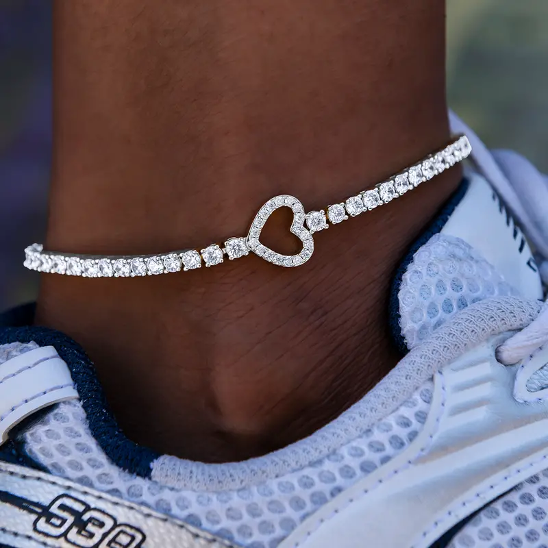 White Gold 3Mm Heart Tennis Anklet 1