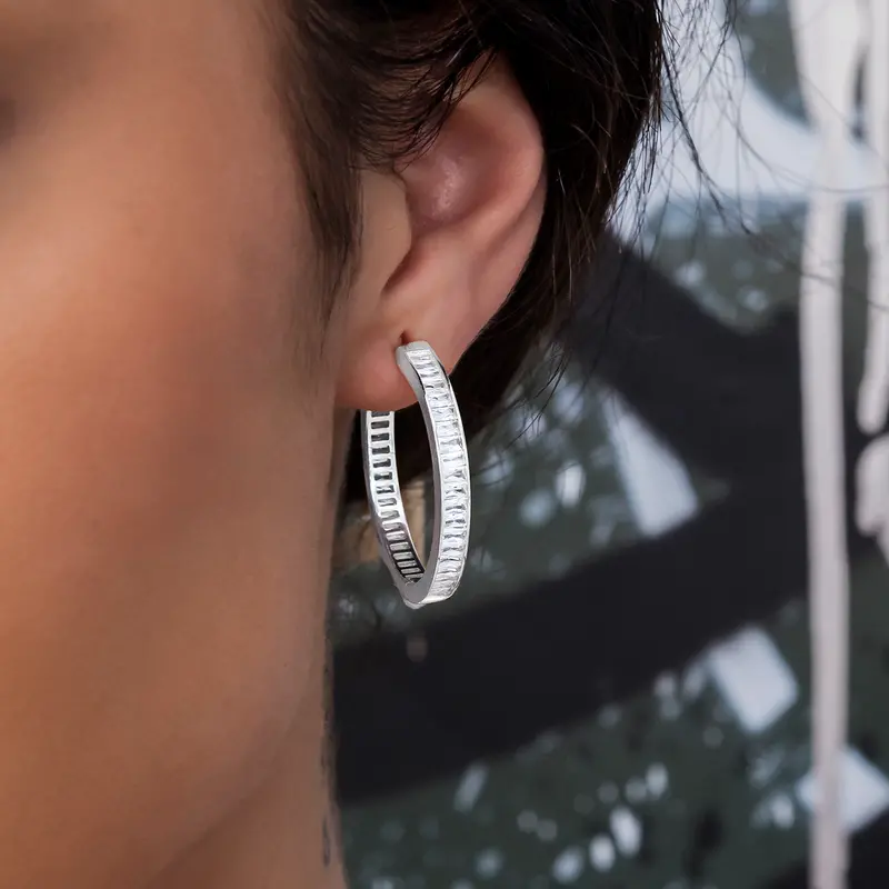 White Gold Baguette-Cut Hoop Stud Earrings 2