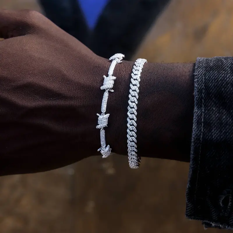 White Gold Barbed Wire And Micro Diamond Prong Bracelet Set 1