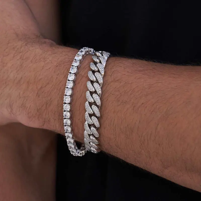 White Gold Cuban Chain And Tennis Bracelet Pair – 12Mm Cuban, 5Mm Tennis 1