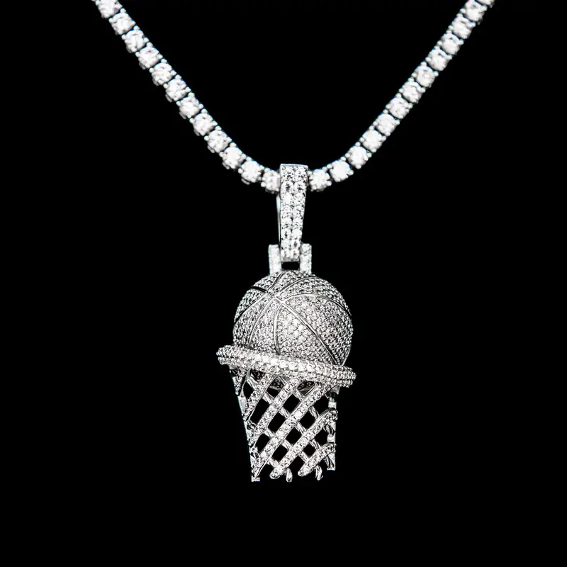 White Gold Diamond-Encrusted Hoop Pendant For Basketball Fans 1