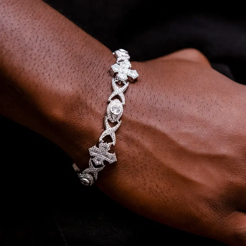 White Gold Evil Eye Bracelet With Baguette Cross Accent 1