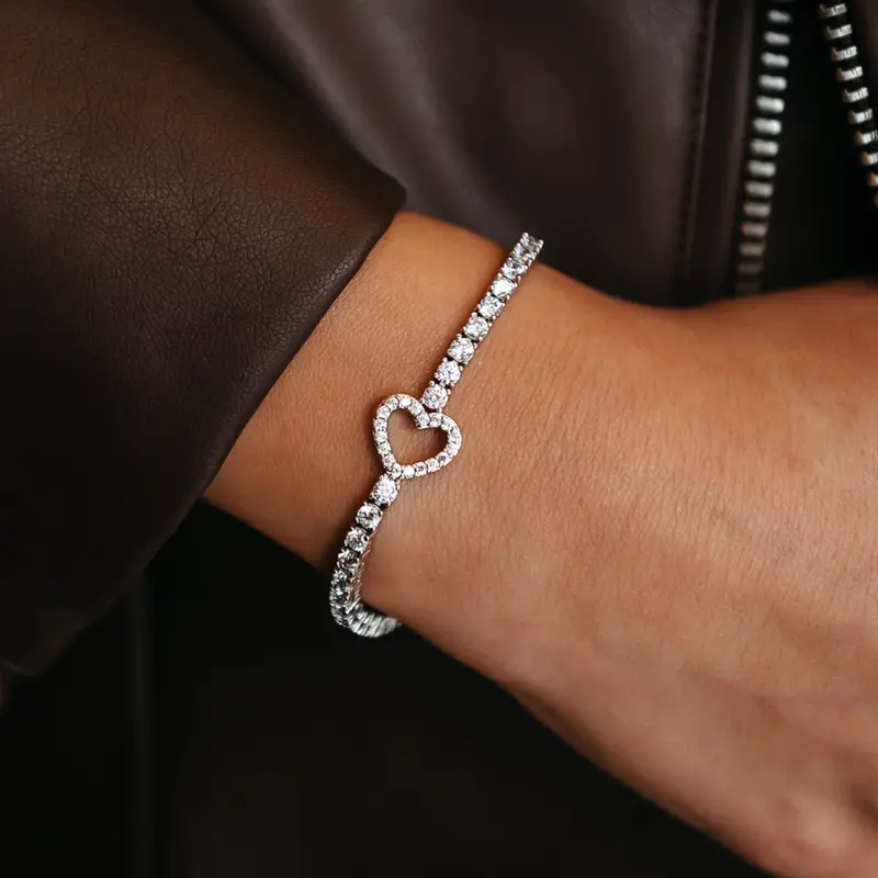 White Gold Heart Tennis Bracelet With Micro Diamonds 1
