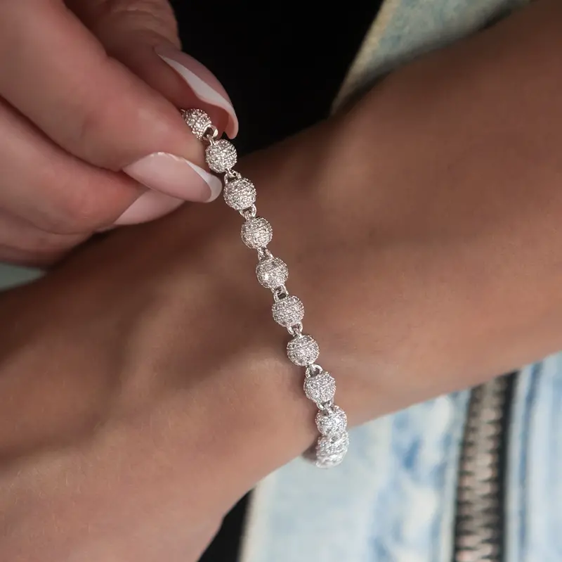 White Gold Iced Ball Bracelet – 4Mm Diamond-Style Accents 1