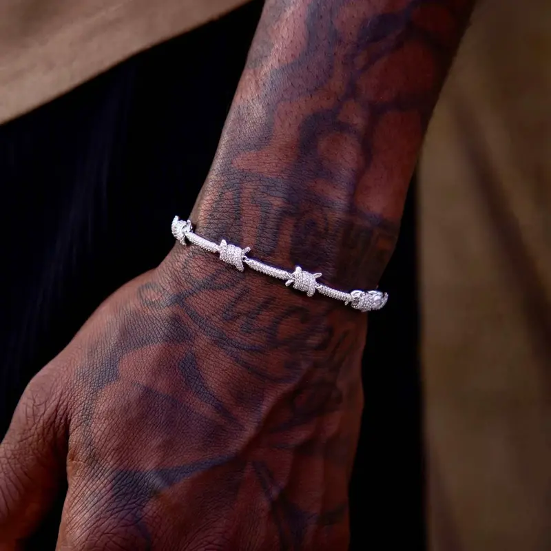 White Gold Iced Barbed Wire Bracelet 1