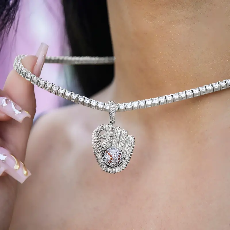 White Gold Iced Baseball Pendant 1