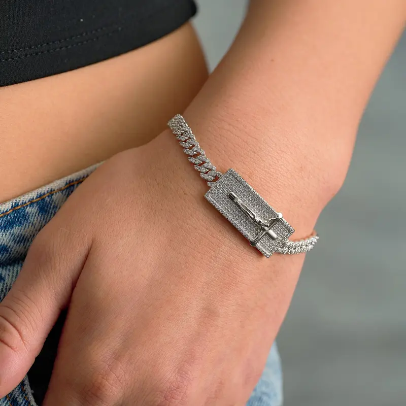 White Gold Iced Crucifix Cross Bracelet With Plate Design 1