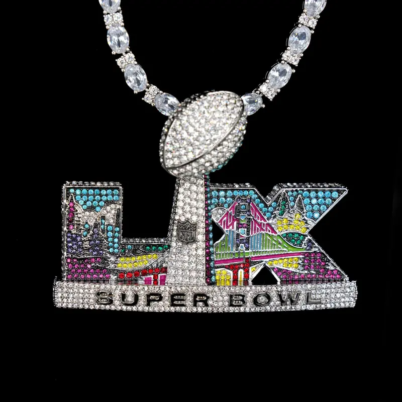 White Gold Iced Super Bowl Lx (2026) Official Nfl Logo Pendant 1