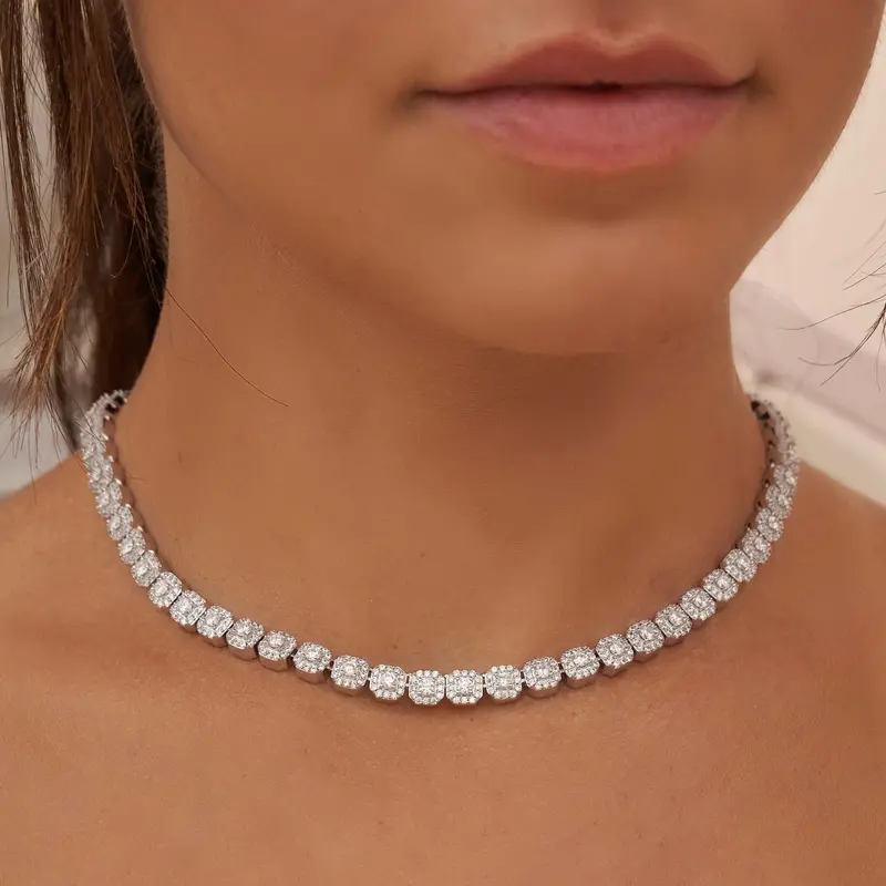 White Gold Micro-Cluster Tennis Necklace 1