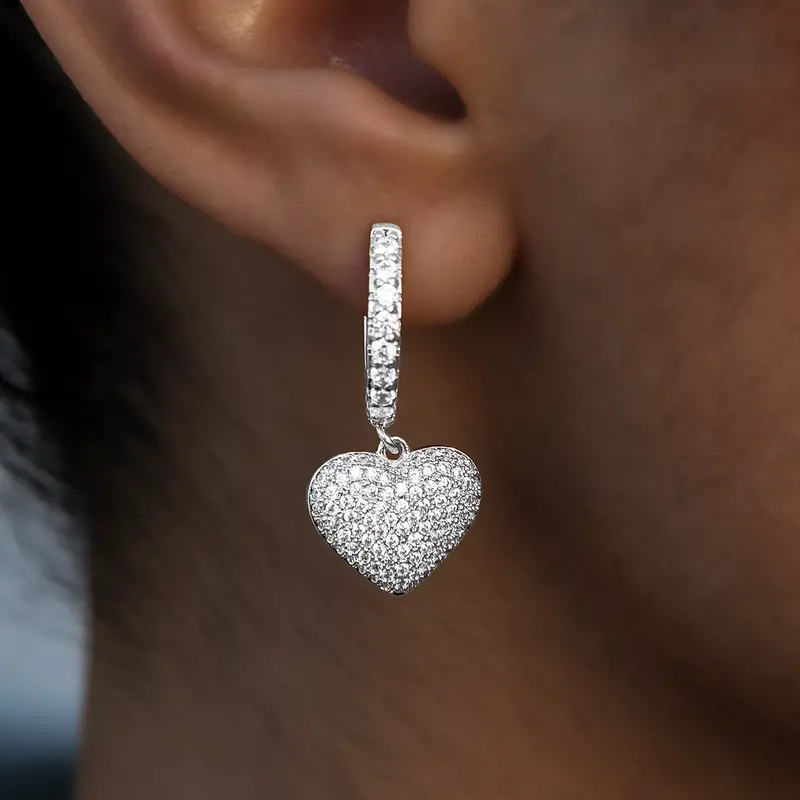 White Gold Pave Heart Hoop Earrings 1