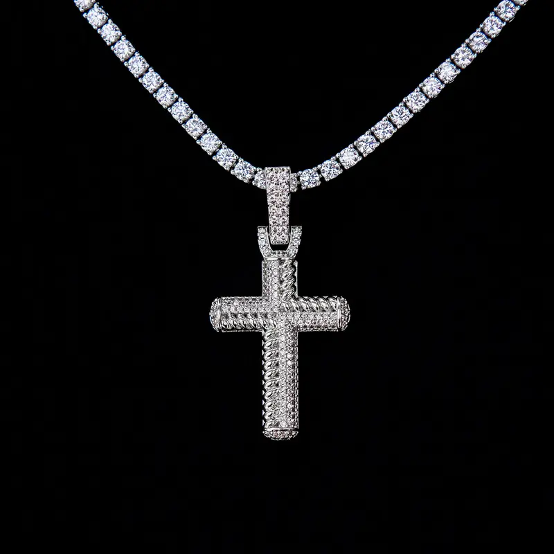 White Gold Rope-Style Mixed Cross Pendant With Pavé Diamonds 1