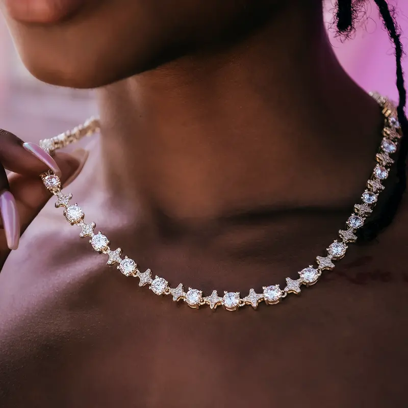 White Gold Round Stone Star Tennis Necklace 1