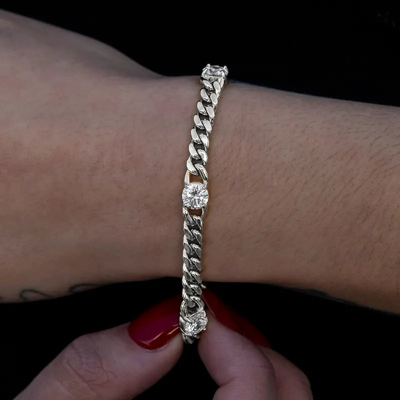 White Gold Round Stone Station Cuban Bracelet 1