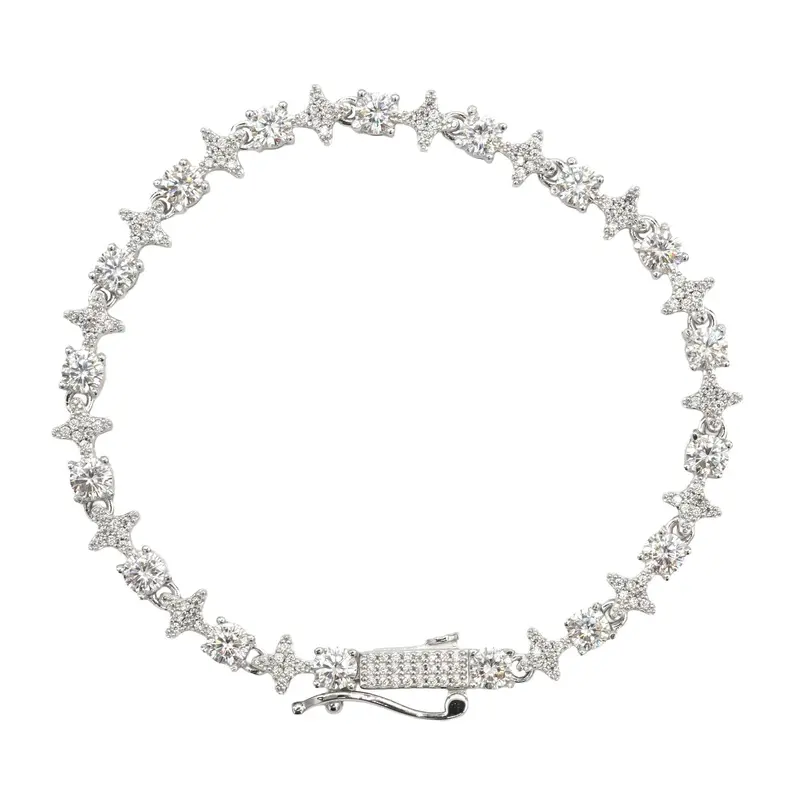 Women’S Moissanite Star Tennis Bracelet In White Gold Vermeil – 6Mm Round Stones, Celestial Design 1