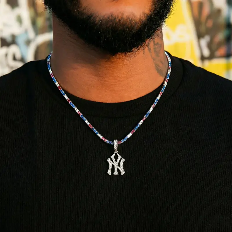 Yankees Mlb Logo Pendant With Colored Diamond Tennis Chain Bundle – White Gold 1
