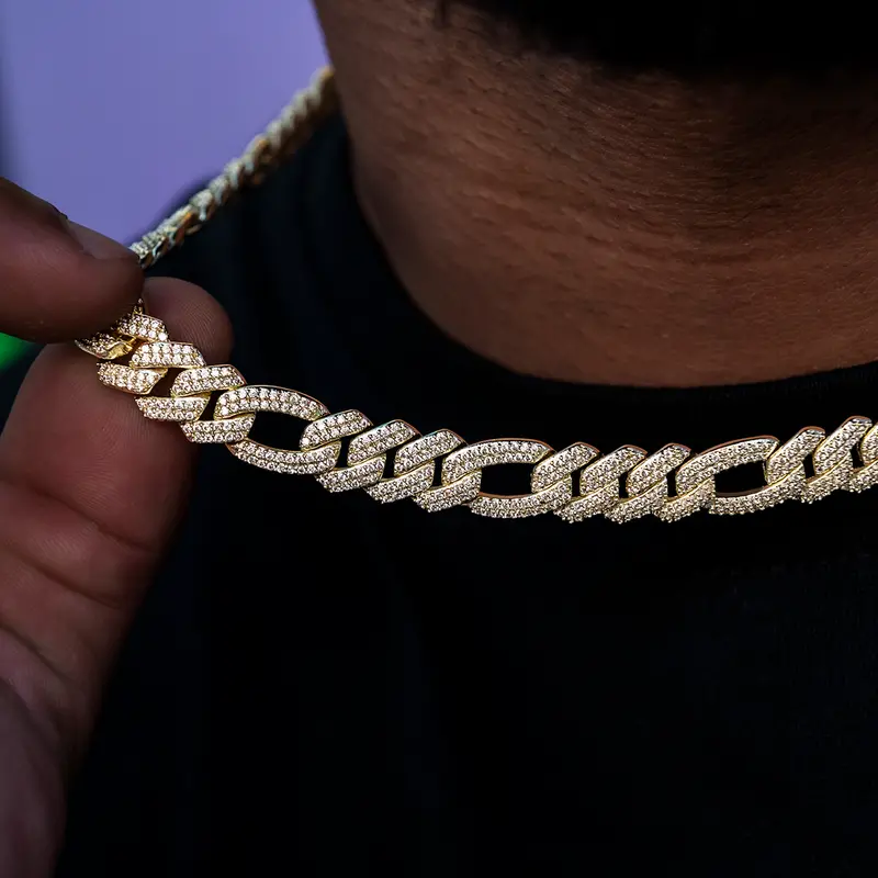 Yellow Gold 10Mm Diamond Figaro Chain 1