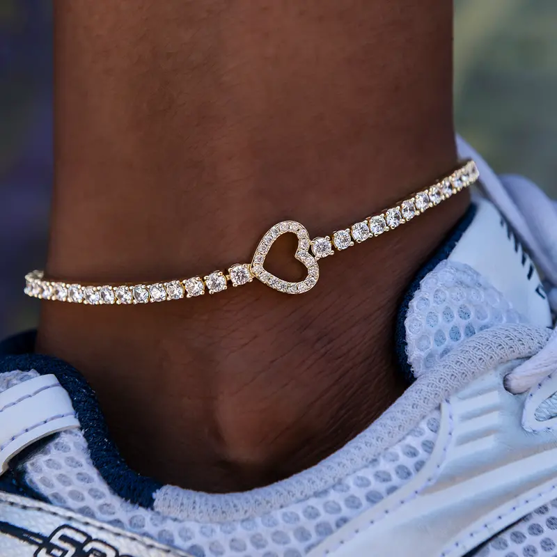 Yellow Gold 3Mm Heart Tennis Anklet 1