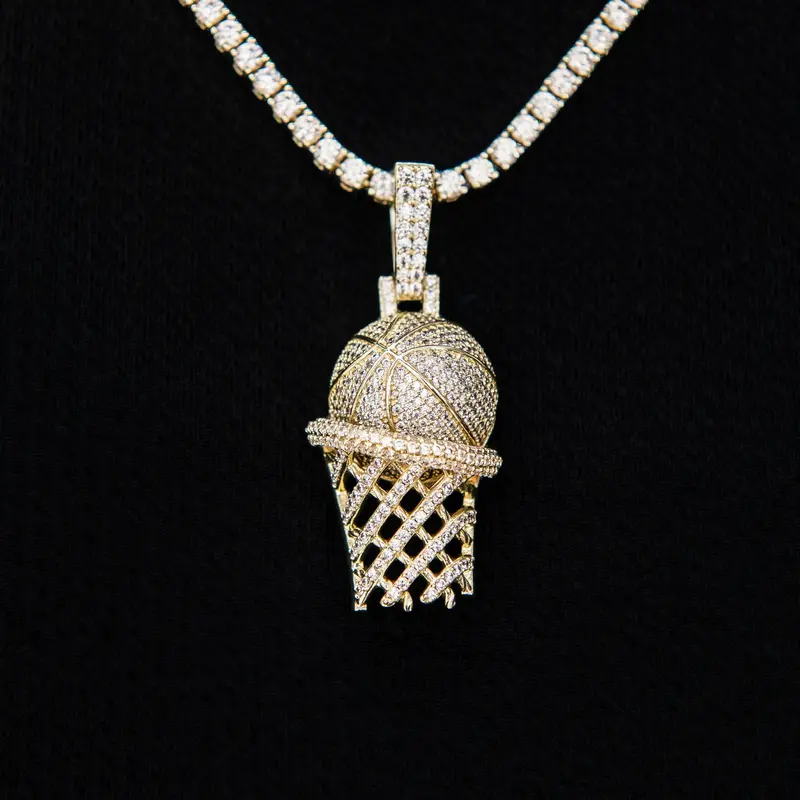 Yellow Gold Basketball Hoop Pendant With Full Diamond Pave 1