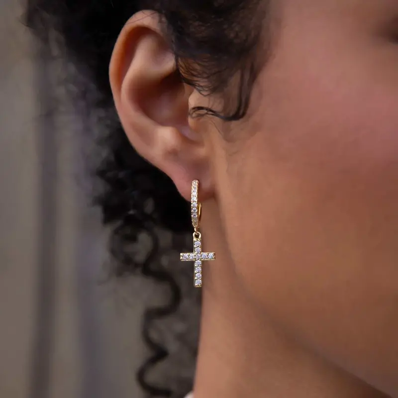 Yellow Gold Diamond Cross Micro Huggie Hoop Earrings 1